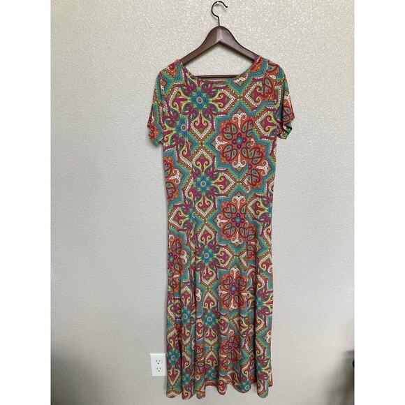 Nina Leonard Bright Multicolor Jersey Maxi Dress size Medium Short sleeve boho - Picture 4 of 5